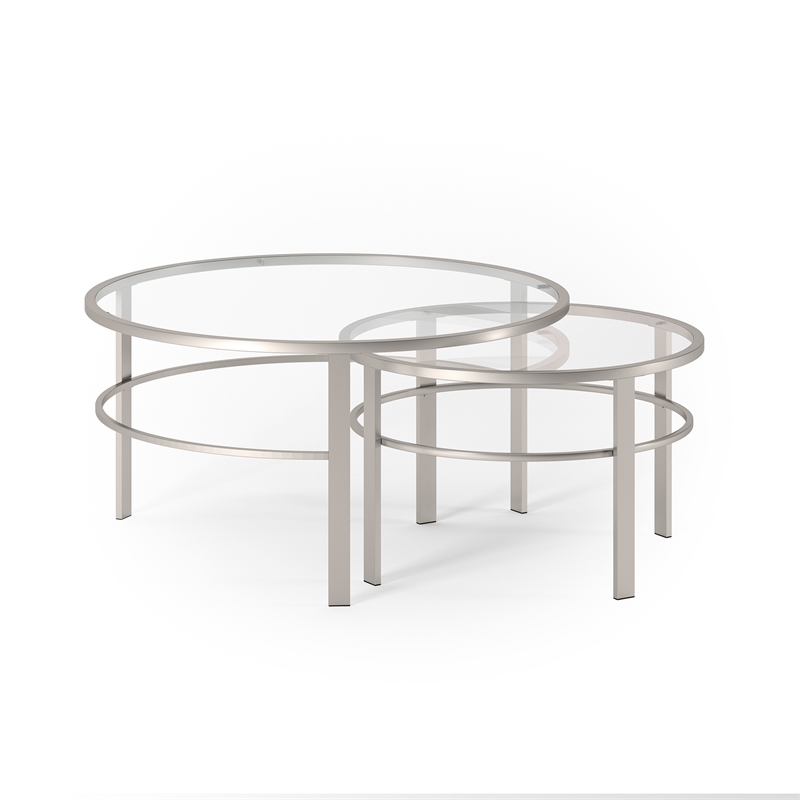 Pemberly Row 2 Piece Nested Metal & Glass Coffee Table in Satin Nickel and Gray
