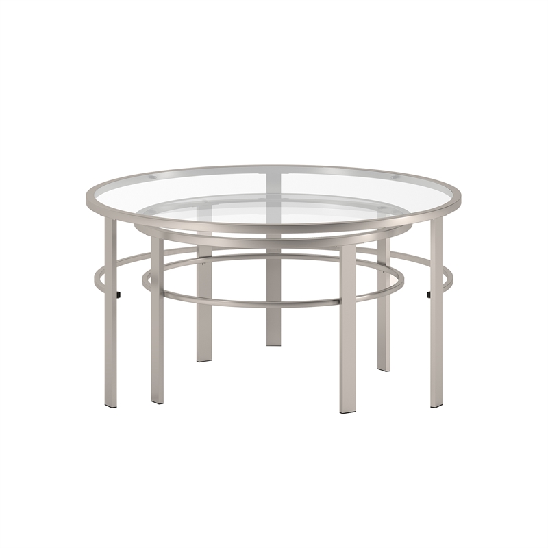 Pemberly Row 2 Piece Nested Metal & Glass Coffee Table in Satin Nickel and Gray