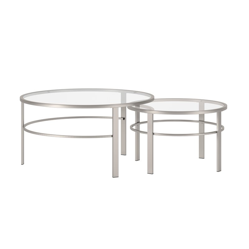 Pemberly Row 2 Piece Nested Metal & Glass Coffee Table in Satin Nickel and Gray