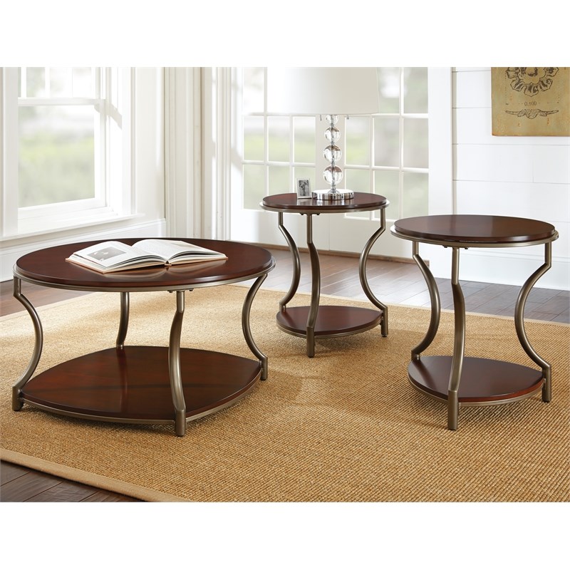 Pemberly Row Modern Cherry Finish Wood and Metal Round End Table