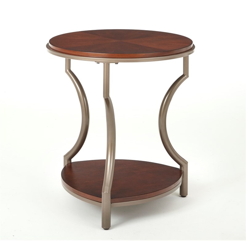 Pemberly Row Modern Cherry Finish Wood and Metal Round End Table
