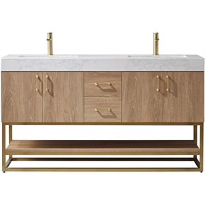 Pemberly Row Modern 60&quot White Grain Stone Top Double Vanity in Oak
