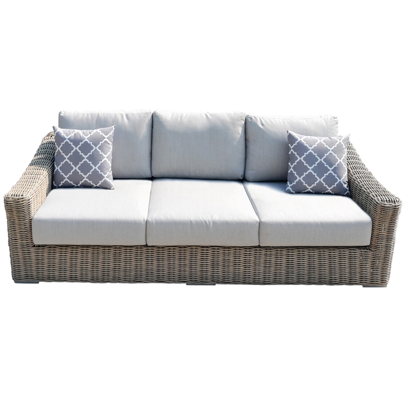 Pemberly Row Two-Tone Dark Beige Aluminum Frame Sofa in Silver Cushions