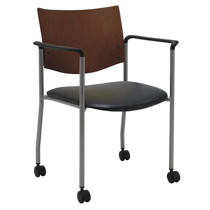 Pemberly Row Guest Chair - Arms - Casters - Black vinyl - Wood Back