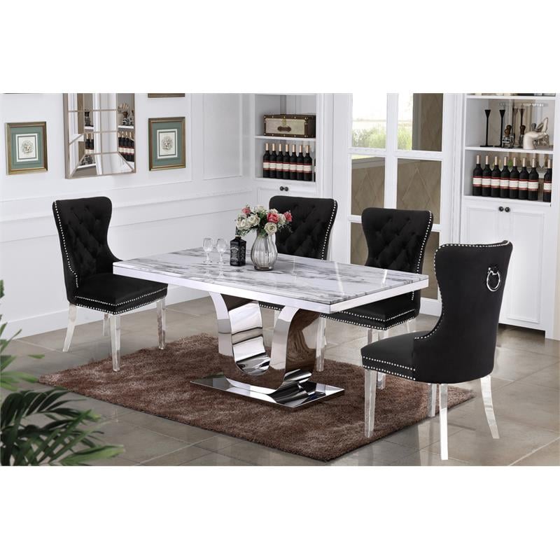 Pemberly Row White Marble 5 Piece Dining Set with Silver Stainless Steel Base