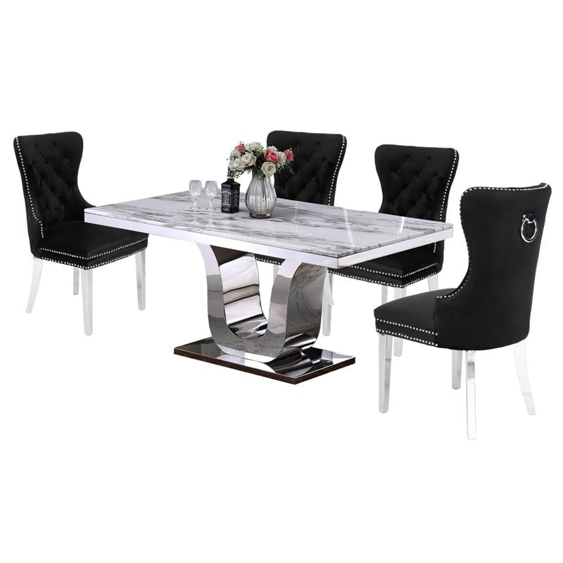 Pemberly Row White Marble 5 Piece Dining Set with Silver Stainless Steel Base
