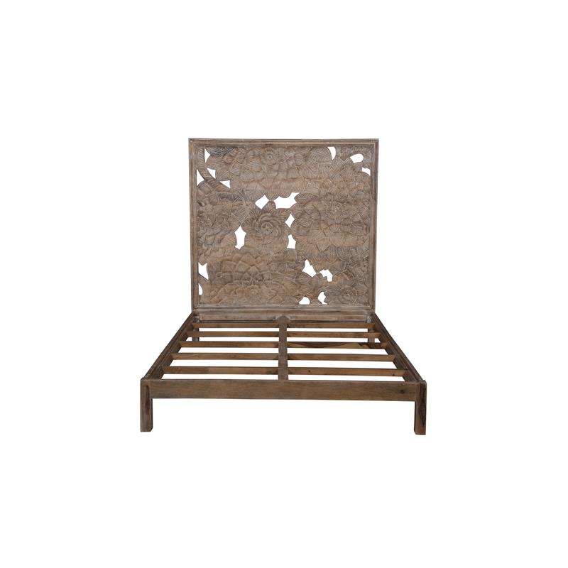 Pemberly Row Modern Solid Wood Hand Carved Motif Queen Bed in Tan