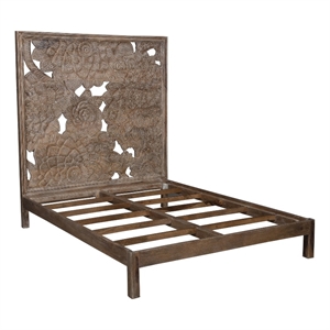 Pemberly Row Modern Solid Wood Hand Carved Motif Queen Bed in Tan