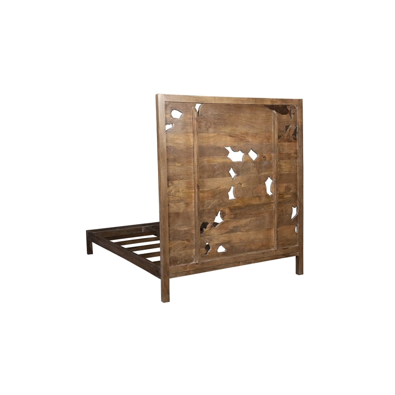 Pemberly Row Modern Solid Wood Hand Carved Motif Queen Bed in Tan