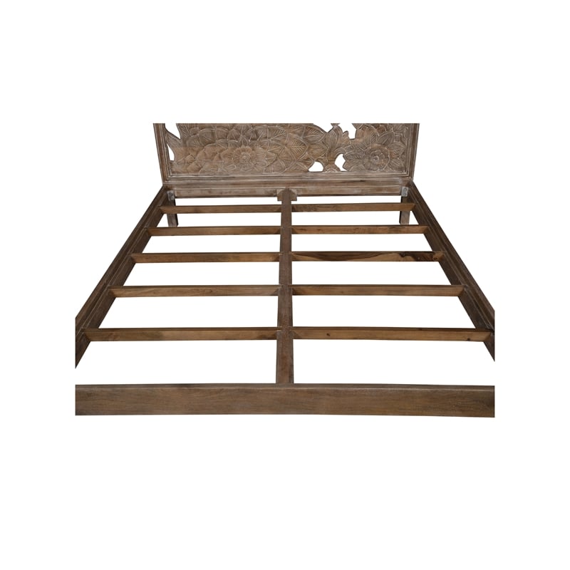 Pemberly Row Modern Solid Wood Hand Carved Motif Queen Bed in Tan