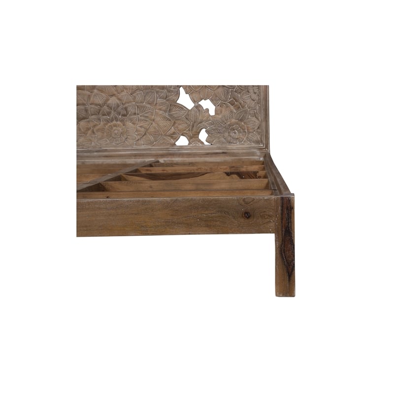 Pemberly Row Modern Solid Wood Hand Carved Motif Queen Bed in Tan