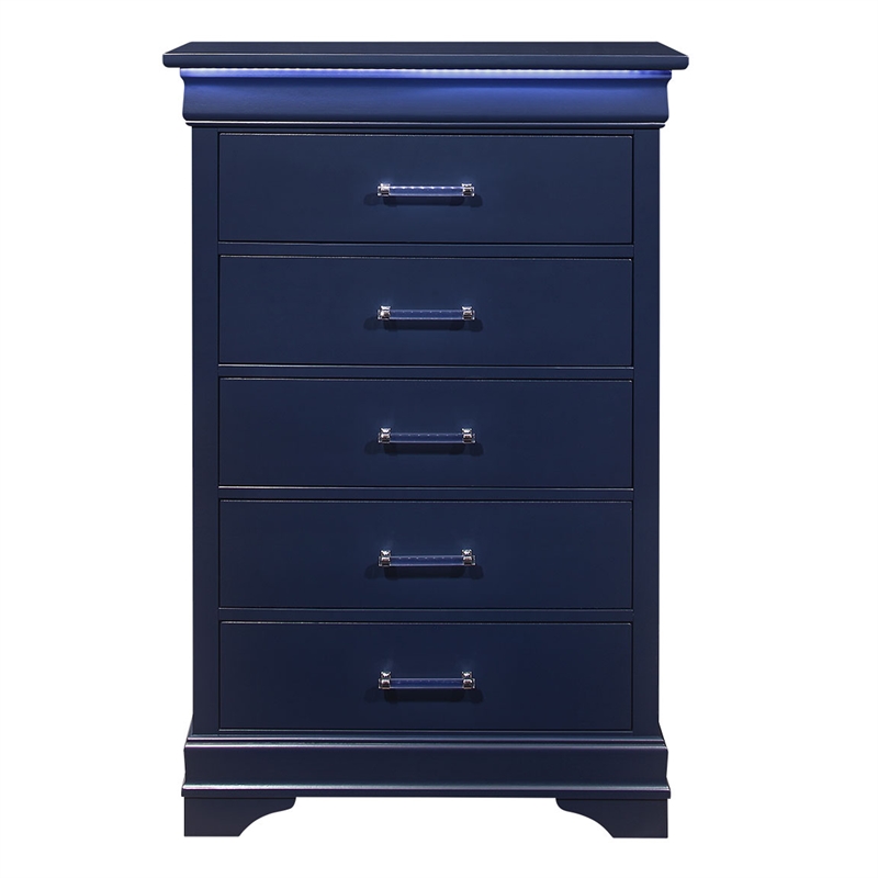 Pemberly Row Traditional Charlie Blue Wood 5-Drawer Chest with LED