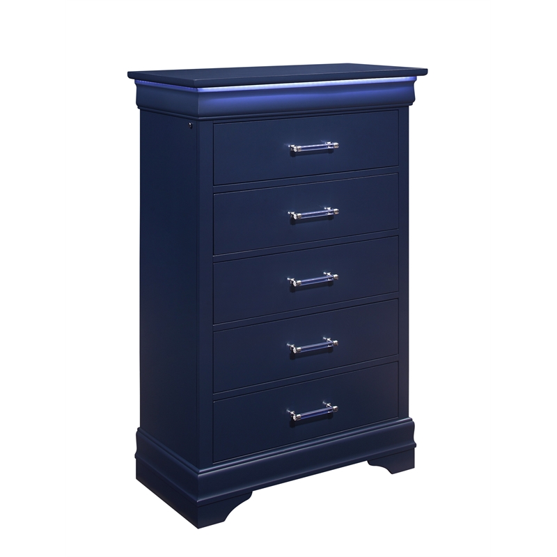 Pemberly Row Traditional Charlie Blue Wood 5-Drawer Chest with LED