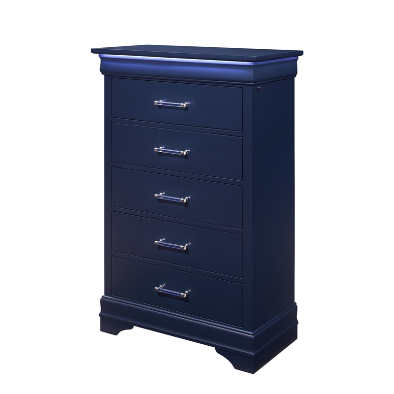 Pemberly Row Traditional Charlie Blue Wood 5-Drawer Chest with LED