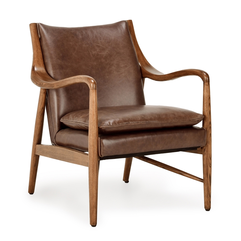 Pemberly Row Transitional Leather Club Chair in Chestnut/Honey Brown