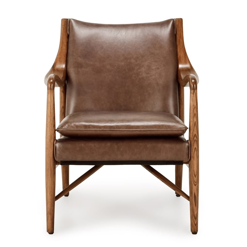 Pemberly Row Transitional Leather Club Chair in Chestnut/Honey Brown