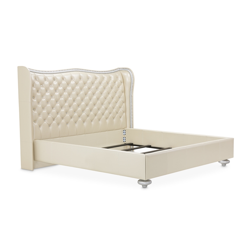 Pemberly Row Modern Eastern King Tufted Leather Bed - Creamy Pearl