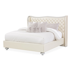 Pemberly Row Modern Eastern King Tufted Leather Bed - Creamy Pearl