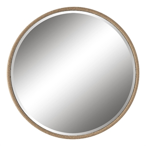 Pemberly Row Round Farmhouse Metal MDF and Rope Mirror in Brown