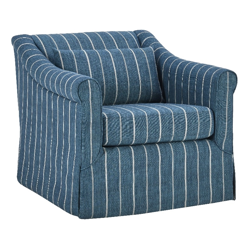 Pemberly Row Linen Fabric & Iron Swivel Accent Chair in Blue/Beige