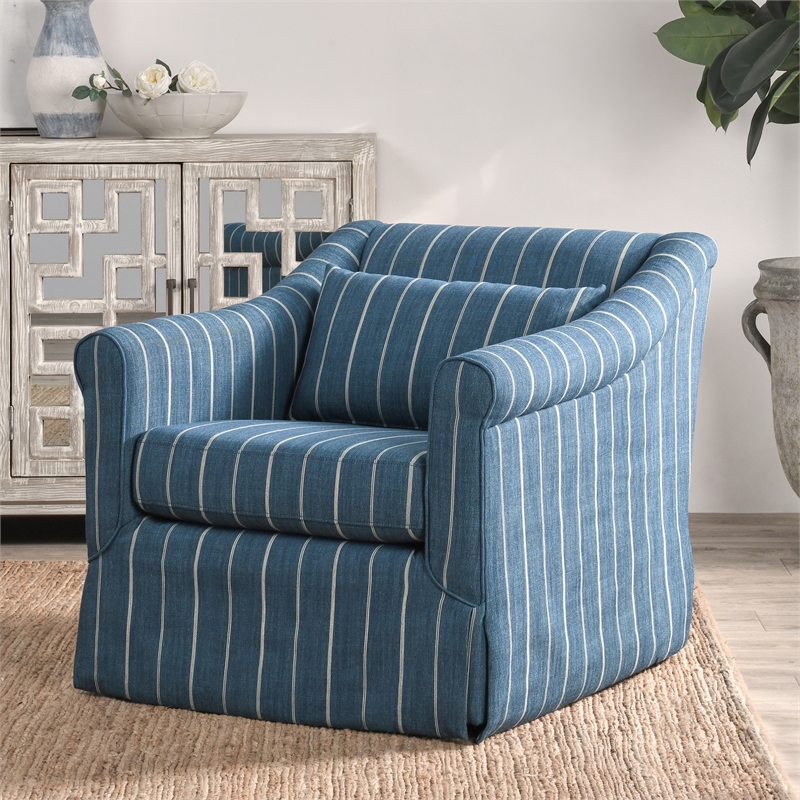Pemberly Row Linen Fabric & Iron Swivel Accent Chair in Blue/Beige