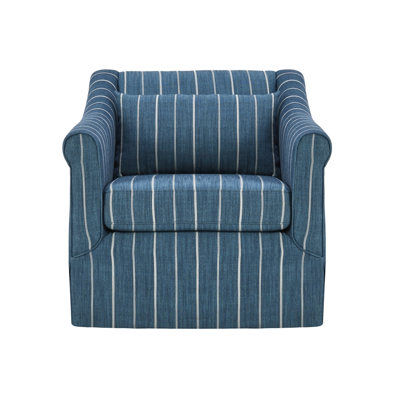 Pemberly Row Linen Fabric & Iron Swivel Accent Chair in Blue/Beige