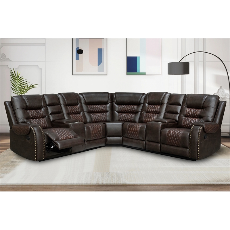 Pemberly Row 5 Piece Faux Leather Reclining Sectional in Brown