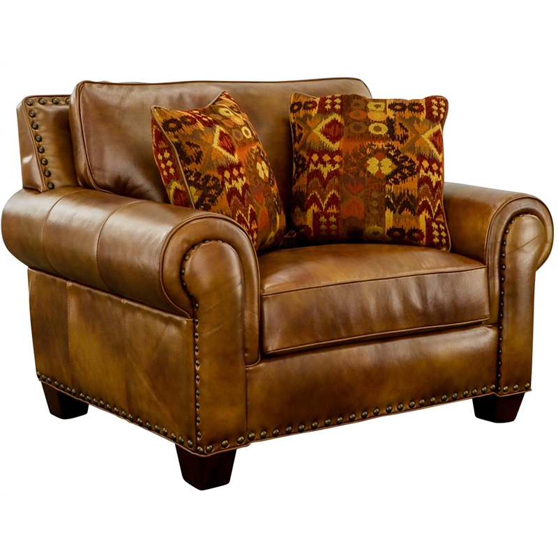 Pemberly Row Top-Grain Leather Accent Chair with Toss Pillows in Camel