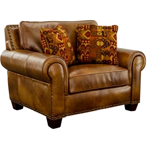 Pemberly Row Top-Grain Leather Accent Chair with Toss Pillows in Camel