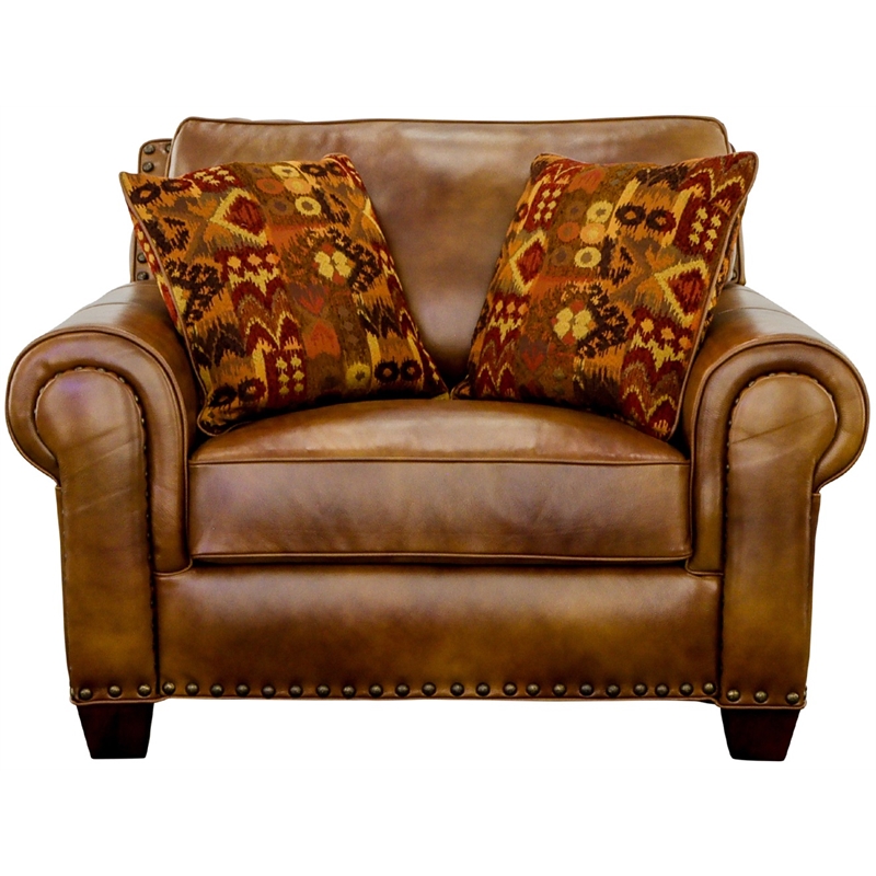 Pemberly Row Top-Grain Leather Accent Chair with Toss Pillows in Camel