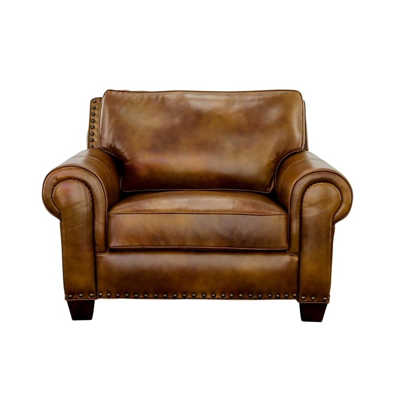 Pemberly Row Top-Grain Leather Accent Chair with Toss Pillows in Camel