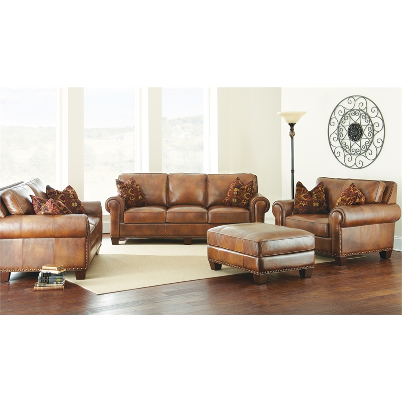 Pemberly Row Top-Grain Leather Accent Chair with Toss Pillows in Camel