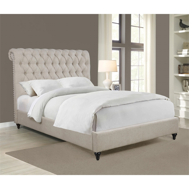 Pemberly Row Button Tufted Upholstered Fabric Full Bed in Beige