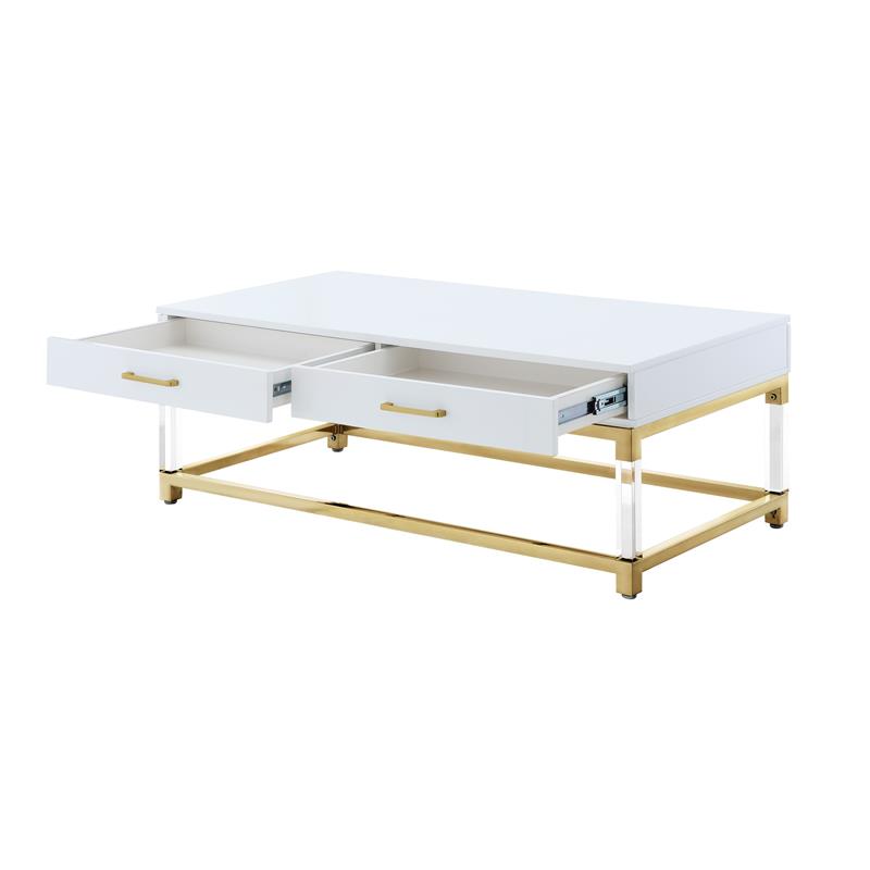 Pemberly Row 2-Drawer Metal Coffee Table with Acrylic Legs in White/Gold