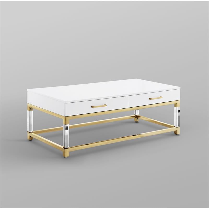 Pemberly Row 2-Drawer Metal Coffee Table with Acrylic Legs in White/Gold