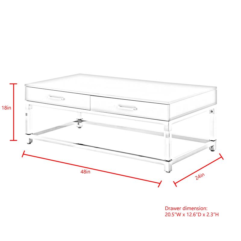 Pemberly Row 2-Drawer Metal Coffee Table with Acrylic Legs in White/Gold