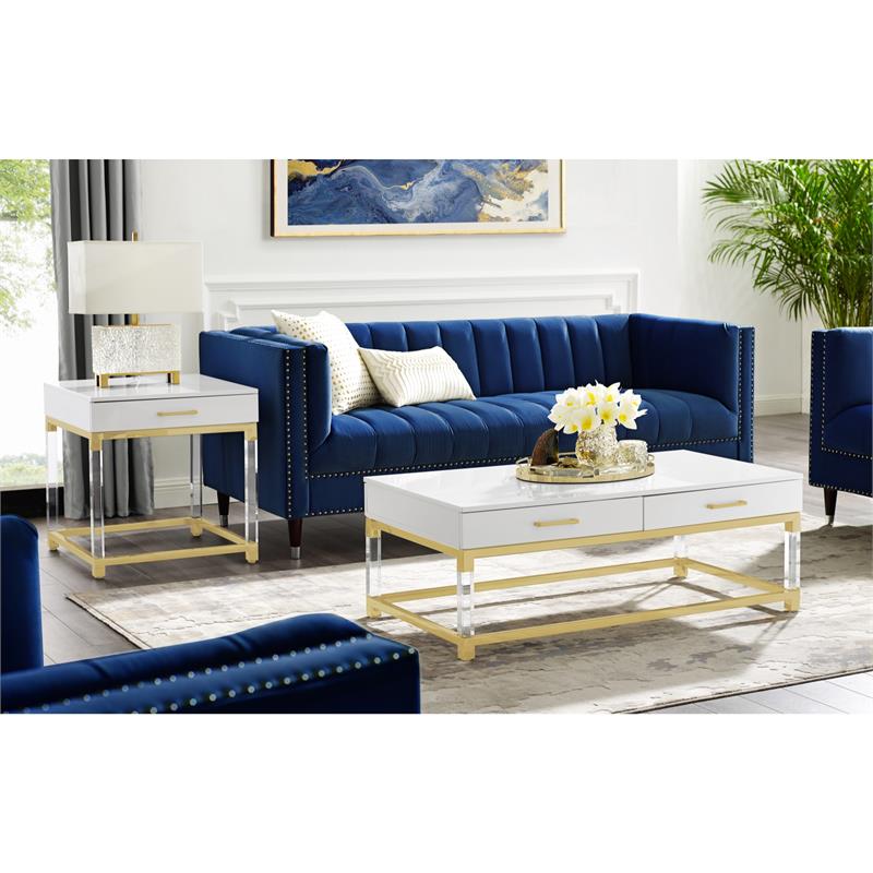 Pemberly Row 2-Drawer Metal Coffee Table with Acrylic Legs in White/Gold