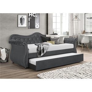 Pemberly Row Upholstered Velvet Wood Daybed with Trundle in Gray