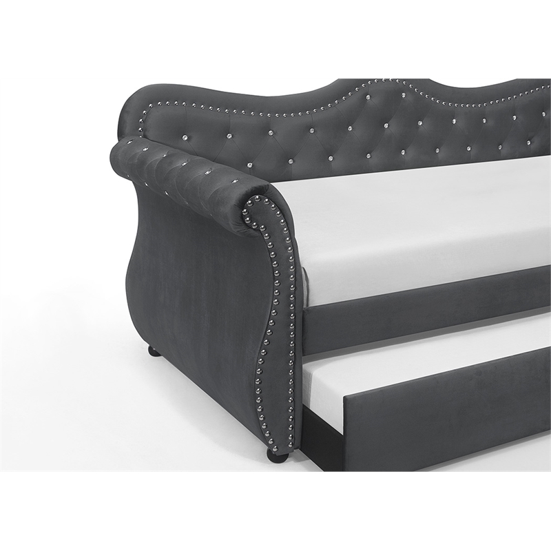 Pemberly Row Upholstered Velvet Wood Daybed with Trundle in Gray