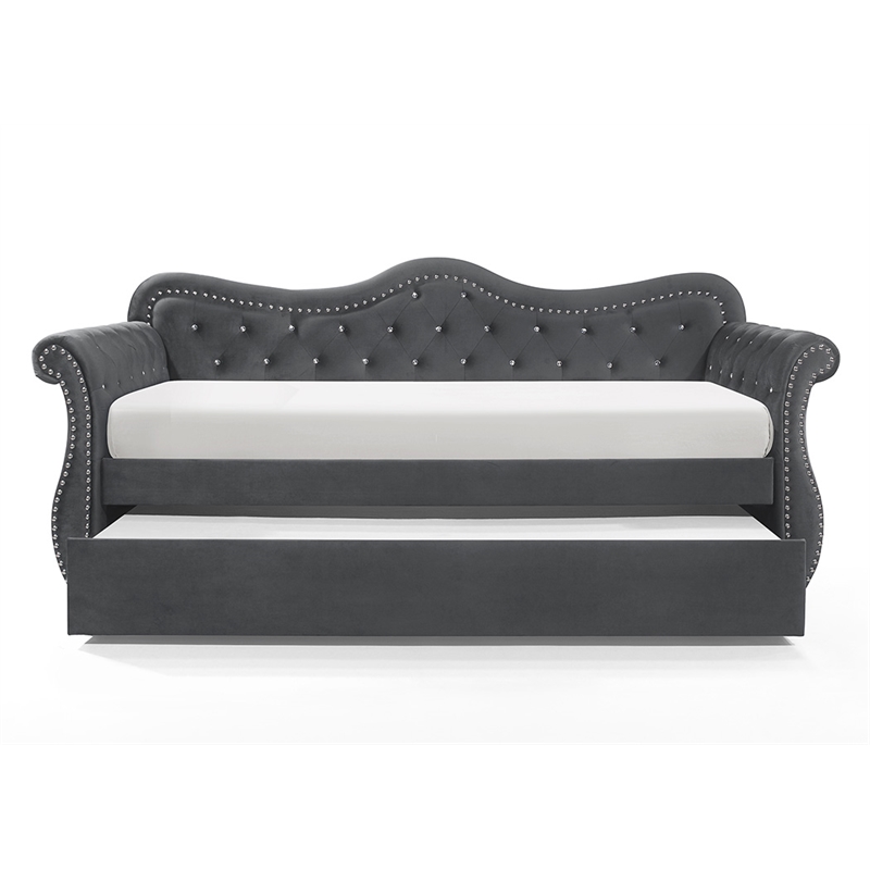 Pemberly Row Upholstered Velvet Wood Daybed with Trundle in Gray