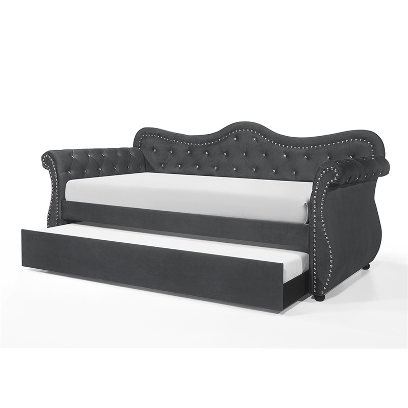 Pemberly Row Upholstered Velvet Wood Daybed with Trundle in Gray