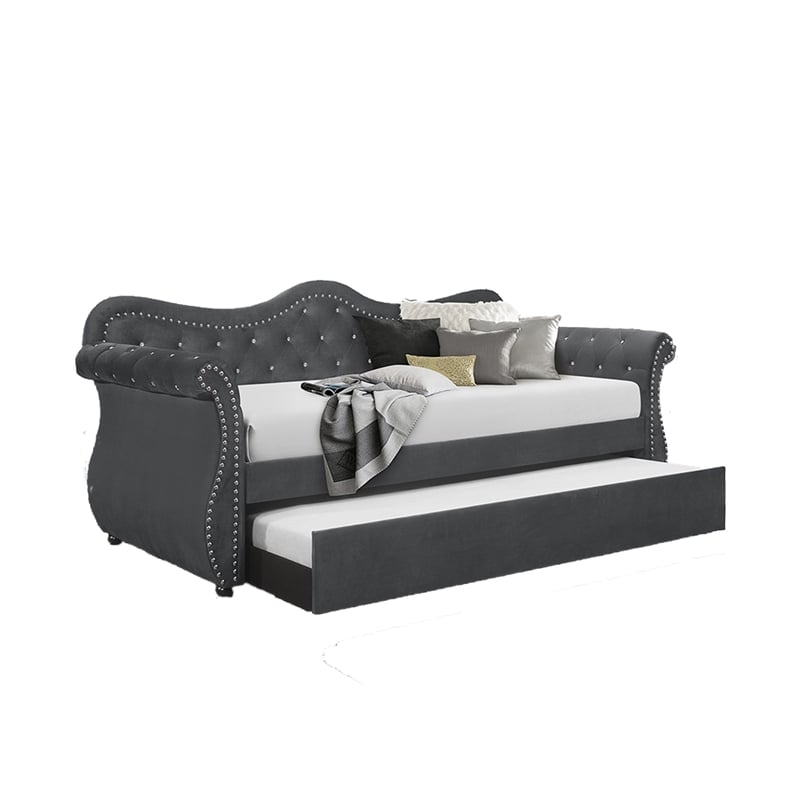 Pemberly Row Upholstered Velvet Wood Daybed with Trundle in Gray