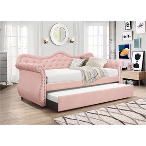 Pemberly Row Upholstered Velvet Wood Daybed with Trundle in Pink