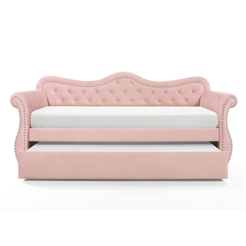 Pemberly Row Upholstered Velvet Wood Daybed with Trundle in Pink