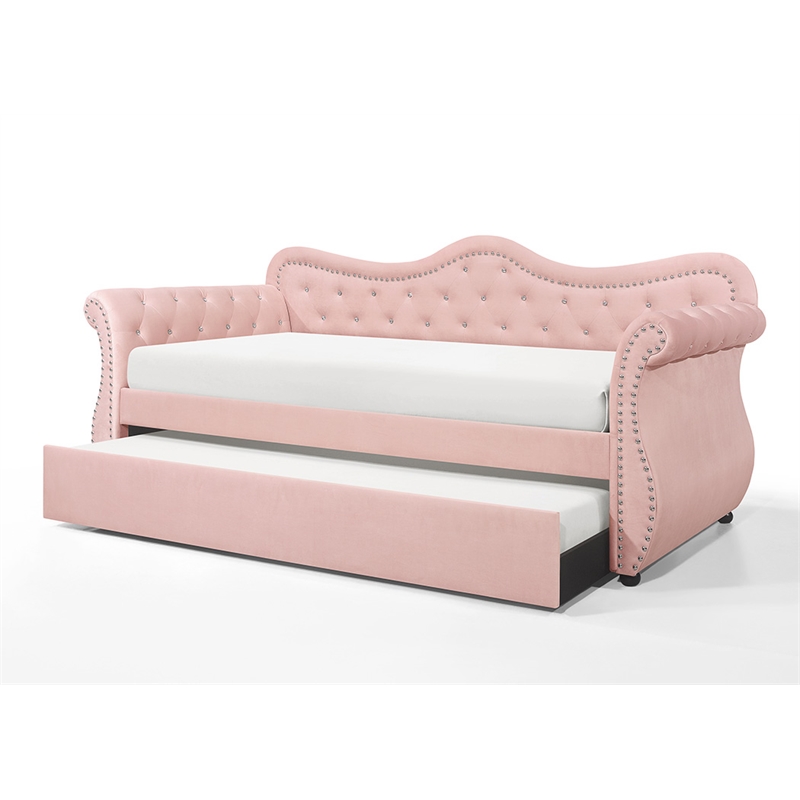 Pemberly Row Upholstered Velvet Wood Daybed with Trundle in Pink