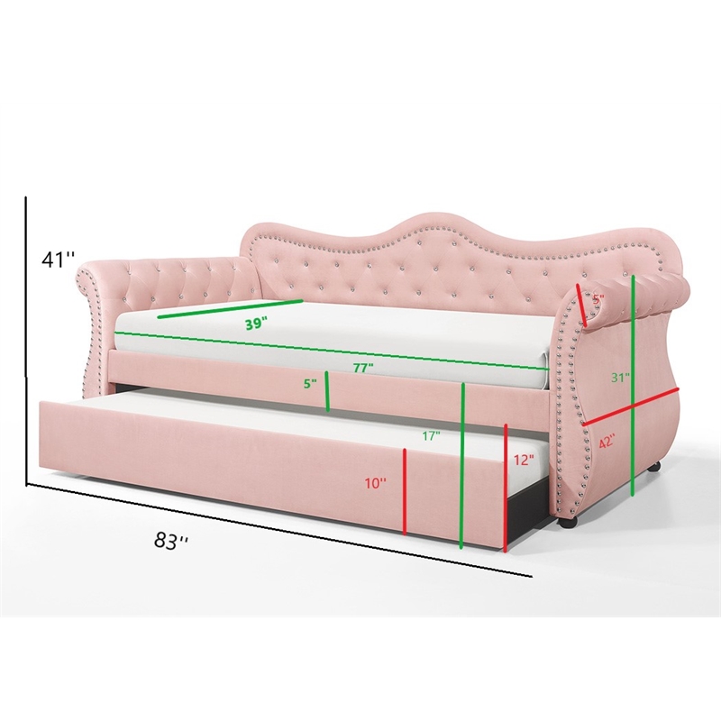Pemberly Row Upholstered Velvet Wood Daybed with Trundle in Pink