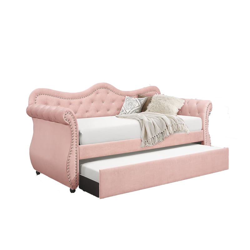 Pemberly Row Upholstered Velvet Wood Daybed with Trundle in Pink