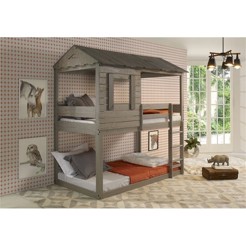 Pemberly Row Farmhouse Wood Twin Over Twin Bunk Bed in Rustic Gray