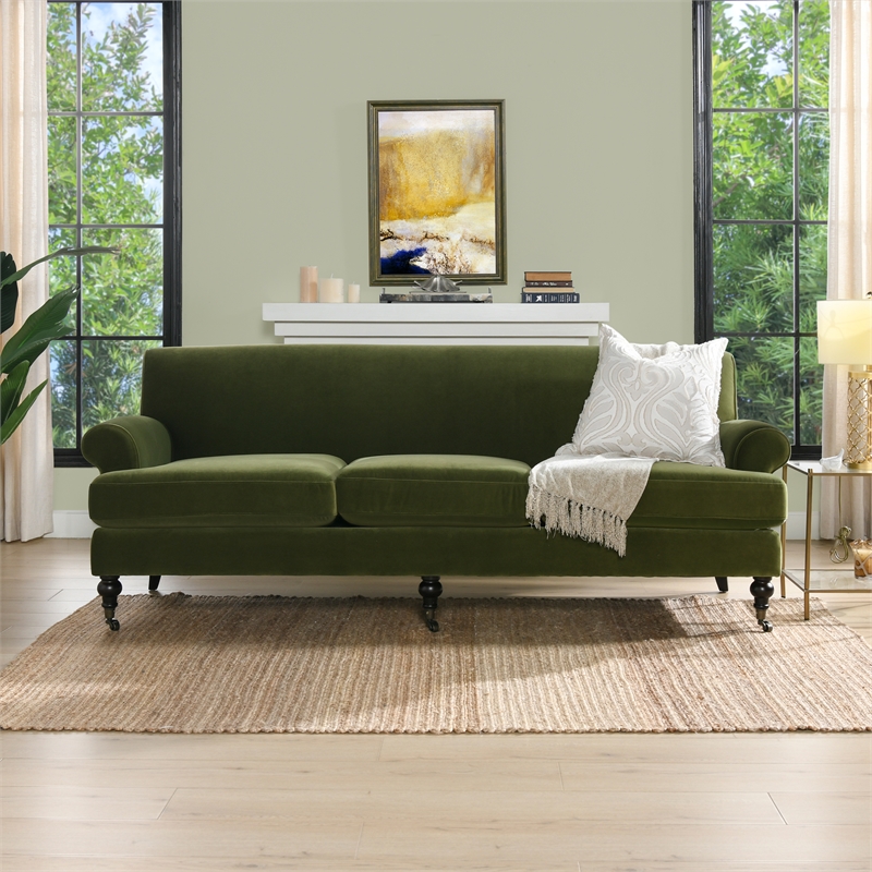 Pemberly Row Modern Recessed Arm Sofa Metal Casters Olive Green