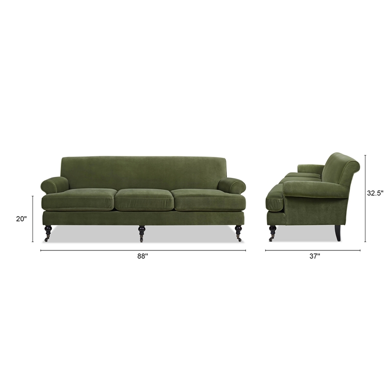 Pemberly Row Modern Recessed Arm Sofa Metal Casters Olive Green